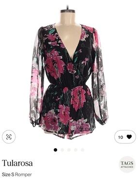 Tularosa Black Floral Sheer Long-Sleeve Romper with Pink Blooms